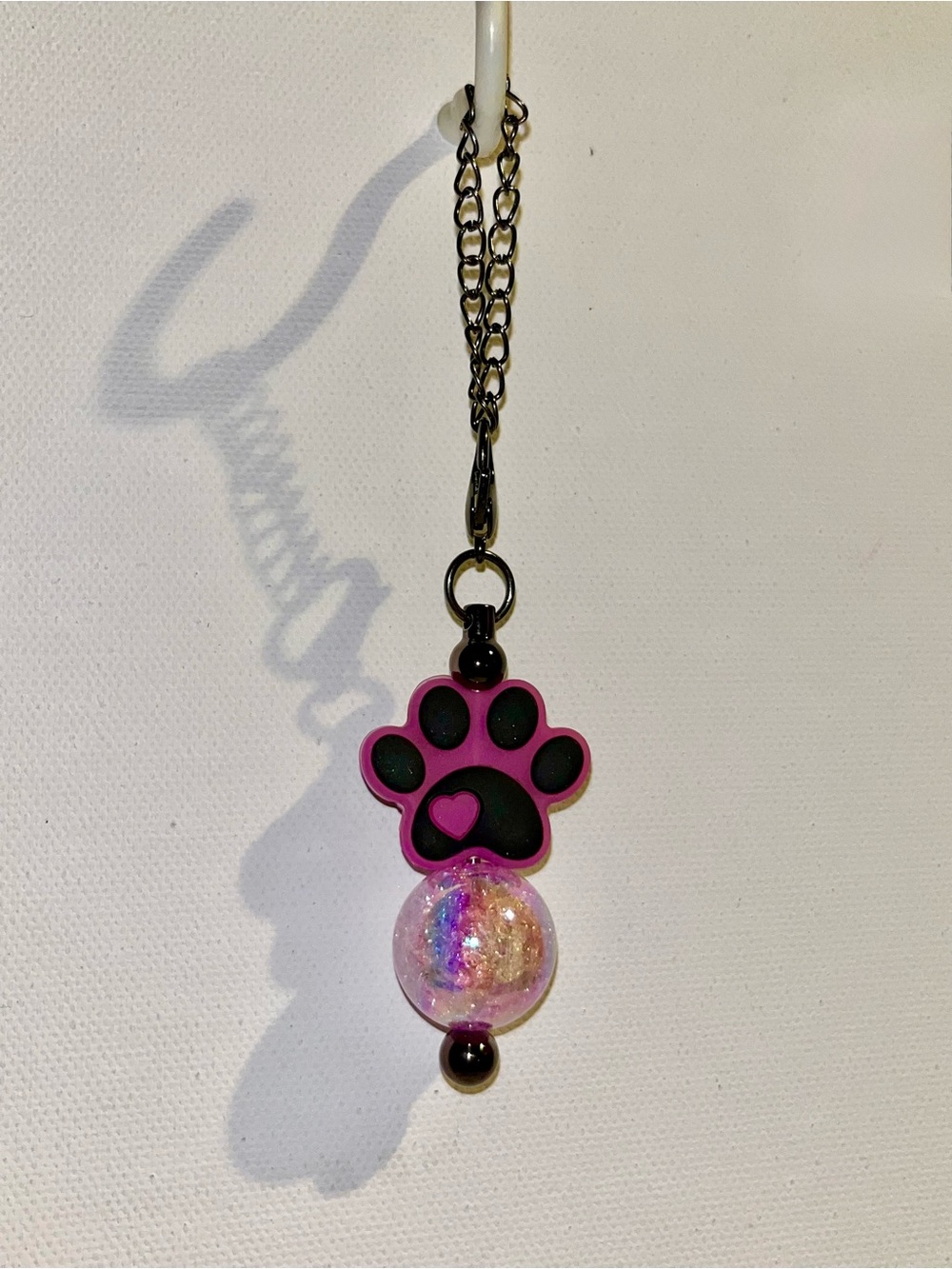 Pink & Black Paw Print Cup Charm with Iridescent Multicolored Bead